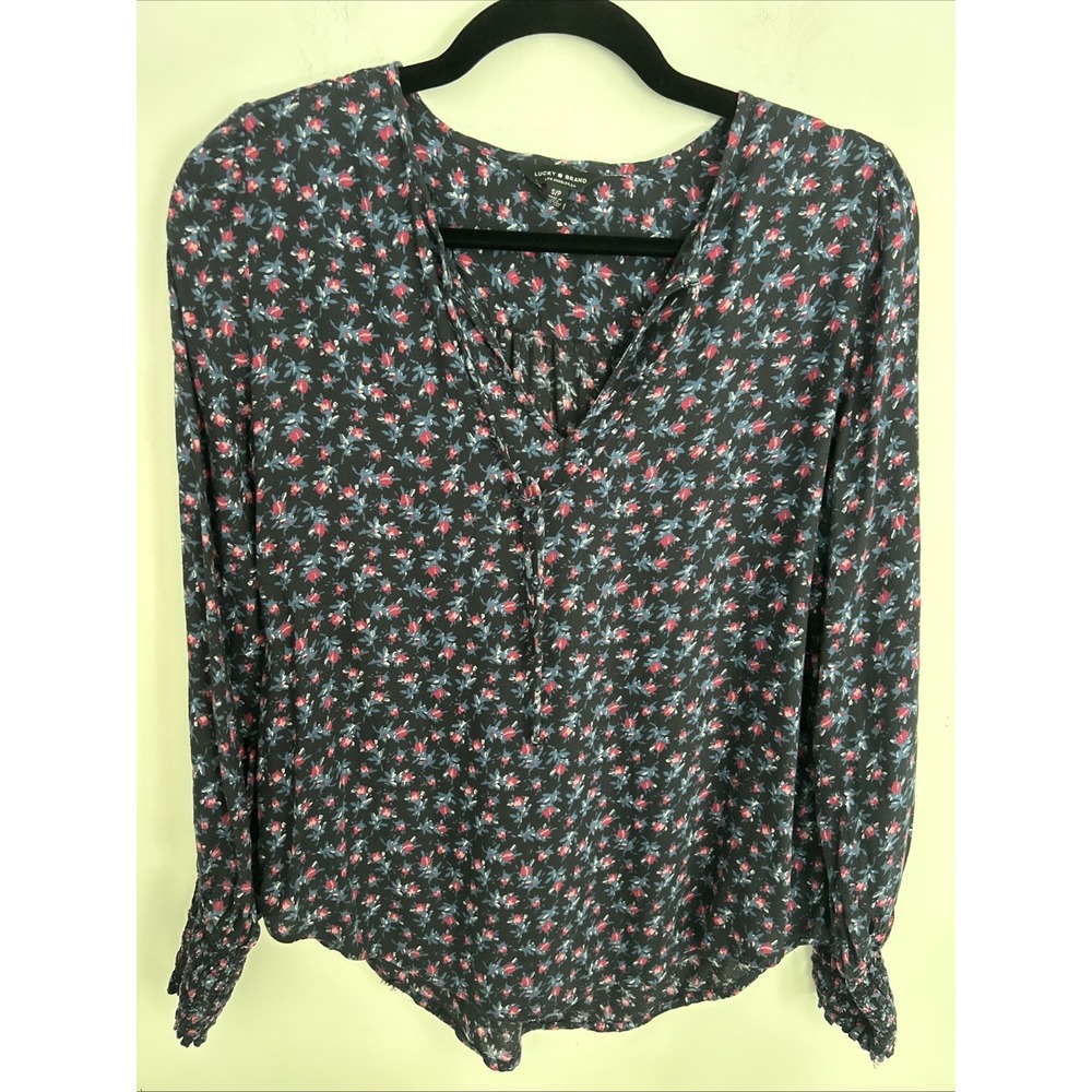 Lucky Brand‎ S Navy Floral Geometric Mixed Print Boho Blouse V-Neck Long Sleeve
